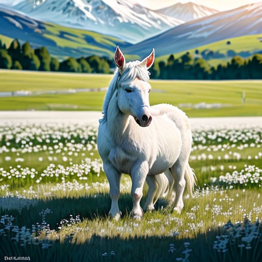 a painting of two white horses in a field of flowers with mountains in the background and a sky with clouds