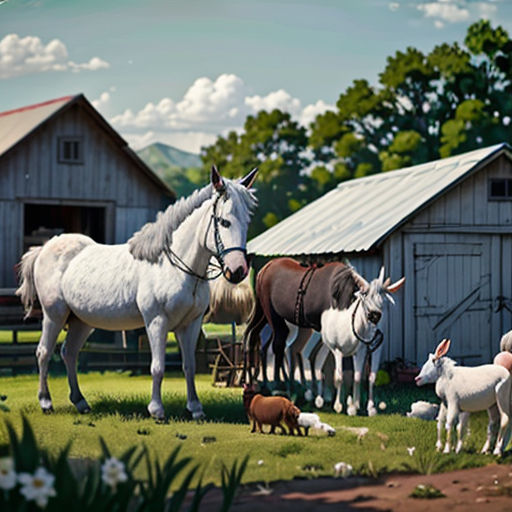 a painting of a farm with horses and lambs and a dog and a horse and a dog and a horse and a dog