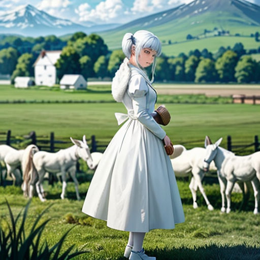 a woman in a white dress standing in a field with a herd of sheep behind her and a mountain in the background