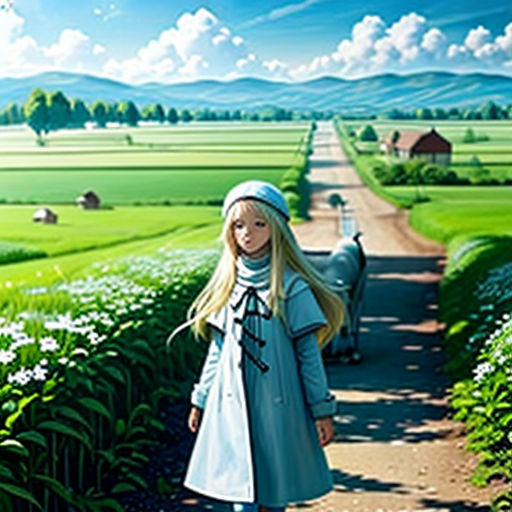 a girl in a blue coat and hat walking down a dirt road with a cow in the background and a green field