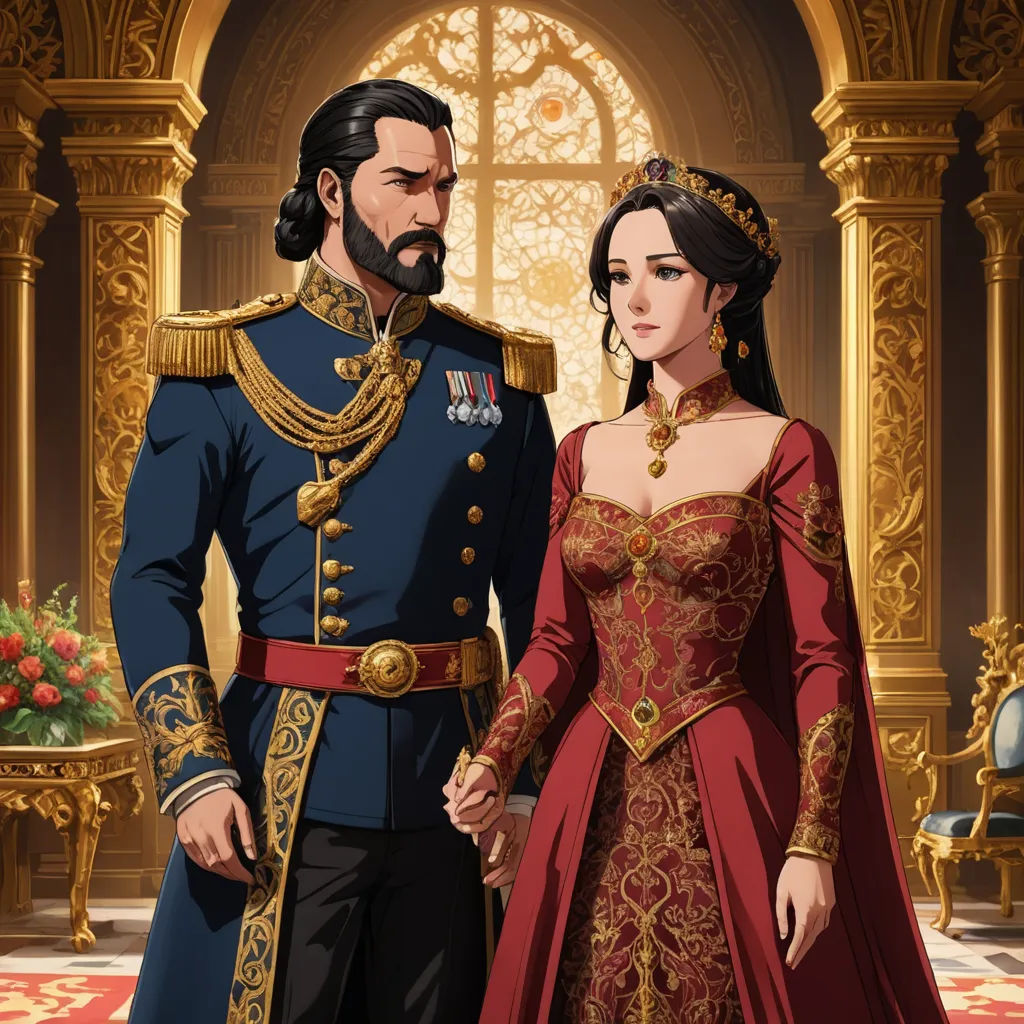 a man and woman dressed in renaissance clothing standing next to each other in a palace setting with a red carpet, sots art, concept art, Altoon Sultan, official art