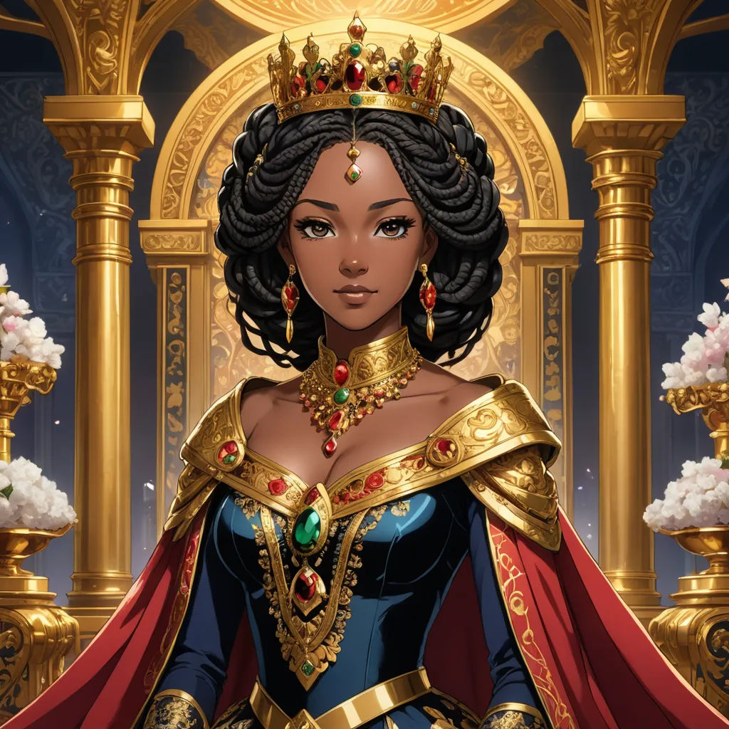 a woman in a golden and blue dress with a crown on her head and a red cape around her neck, fantasy art, a character portrait, Chinwe Chukwuogo-Roy, rossdraws global illumination