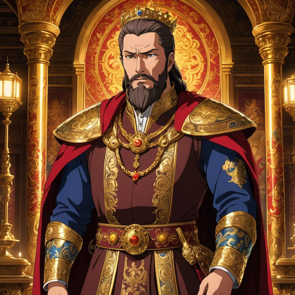 a man in a red and gold outfit standing in front of a golden throne with a sword in his hand, sots art, a character portrait, Altoon Sultan, official art
