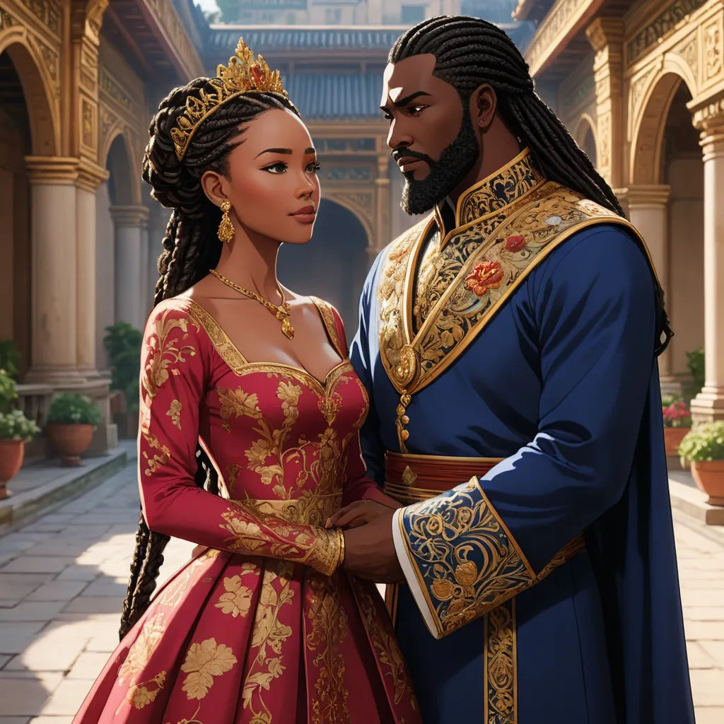 a man and a woman dressed in renaissance clothing standing next to each other in a courtyard with a building in the background, fantasy art, a painting, Chinwe Chukwuogo-Roy, official art
