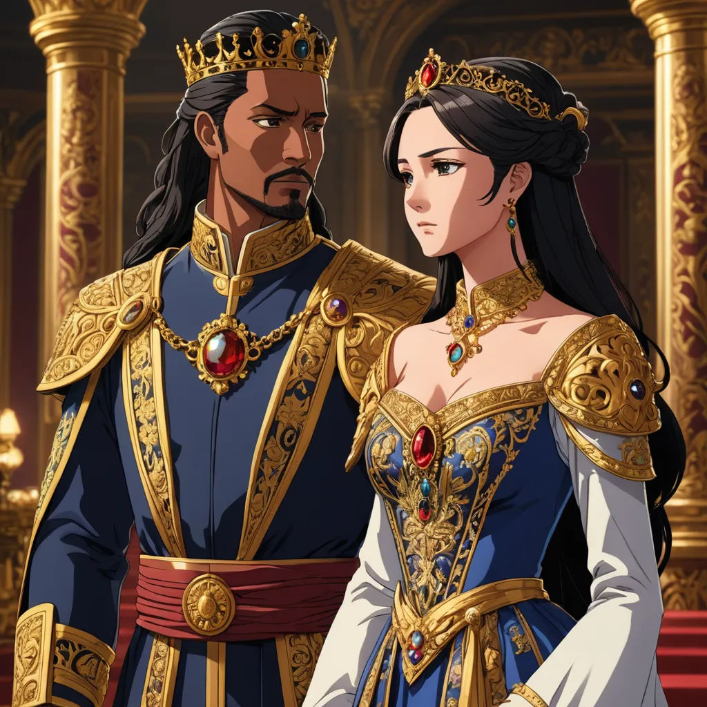 a man and a woman dressed in medieval clothing standing next to each other in front of a golden pillar, sots art, concept art, Altoon Sultan, official art