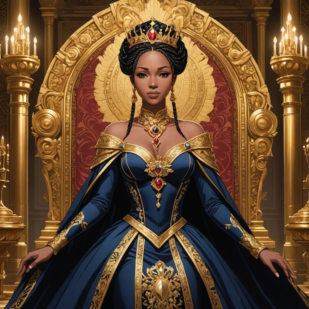 a woman in a blue dress standing in front of a golden throne with candles in it and a crown on her head, fantasy art, concept art, Art of Brom, regal