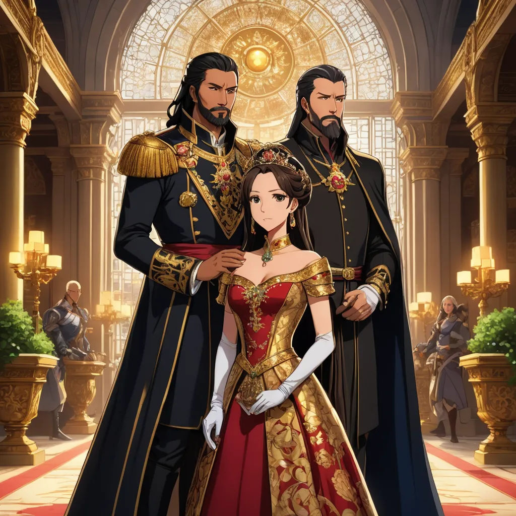 a man and woman in renaissance dress standing next to each other in a palace hallway with a red carpet, sots art, concept art, Bourgeois, official art