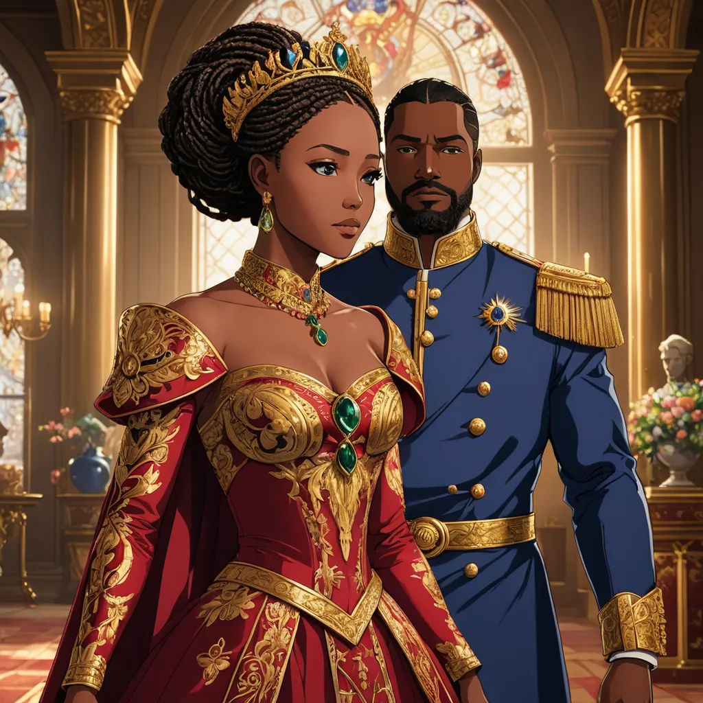 a man and woman in a red dress standing next to each other in a palace setting with a stained glass window, sots art, concept art, Chinwe Chukwuogo-Roy, official art