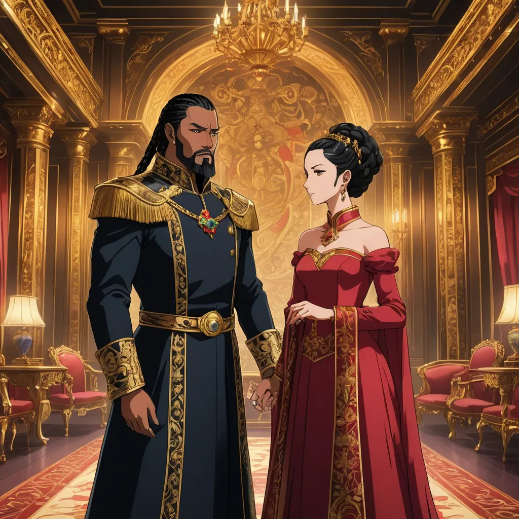 a man and a woman in renaissance dress standing in a palace setting with a chandelier and chandeliers, sots art, concept art, Emperor Huizong of Song, official art