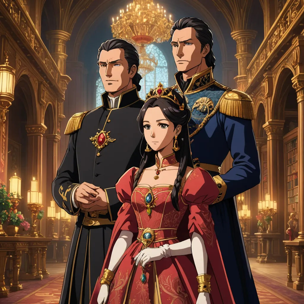 a man and a woman in renaissance dress standing in a palace hallway with a chandelier and chandelier, sots art, concept art, Bourgeois, official art