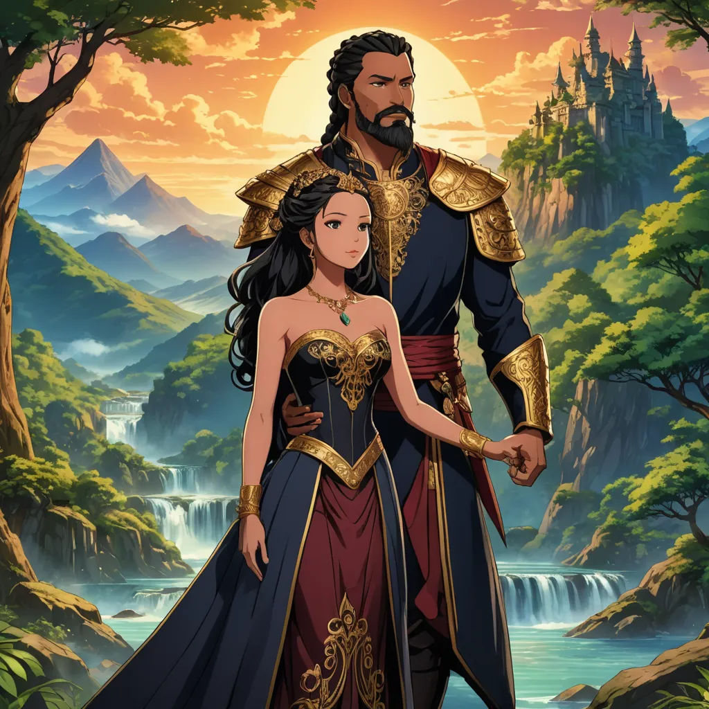 a man and woman in a fantasy setting with a waterfall in the background and a waterfall in the foreground, fantasy art, a storybook illustration, Altoon Sultan, official art