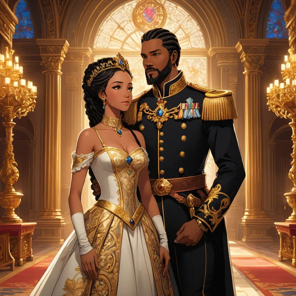 a man and woman dressed in fancy clothing standing next to each other in a palace setting with chandeliers, fantasy art, concept art, Cedric Seaut (Keos Masons), official art