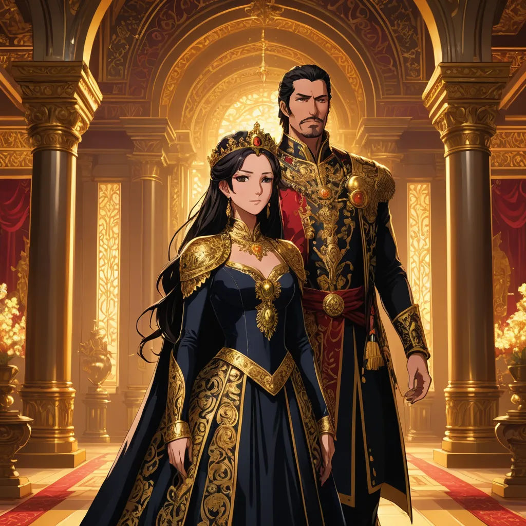 a man and woman dressed in medieval clothing standing next to each other in a palace setting with columns and arches, international gothic, concept art, Altoon Sultan, official art