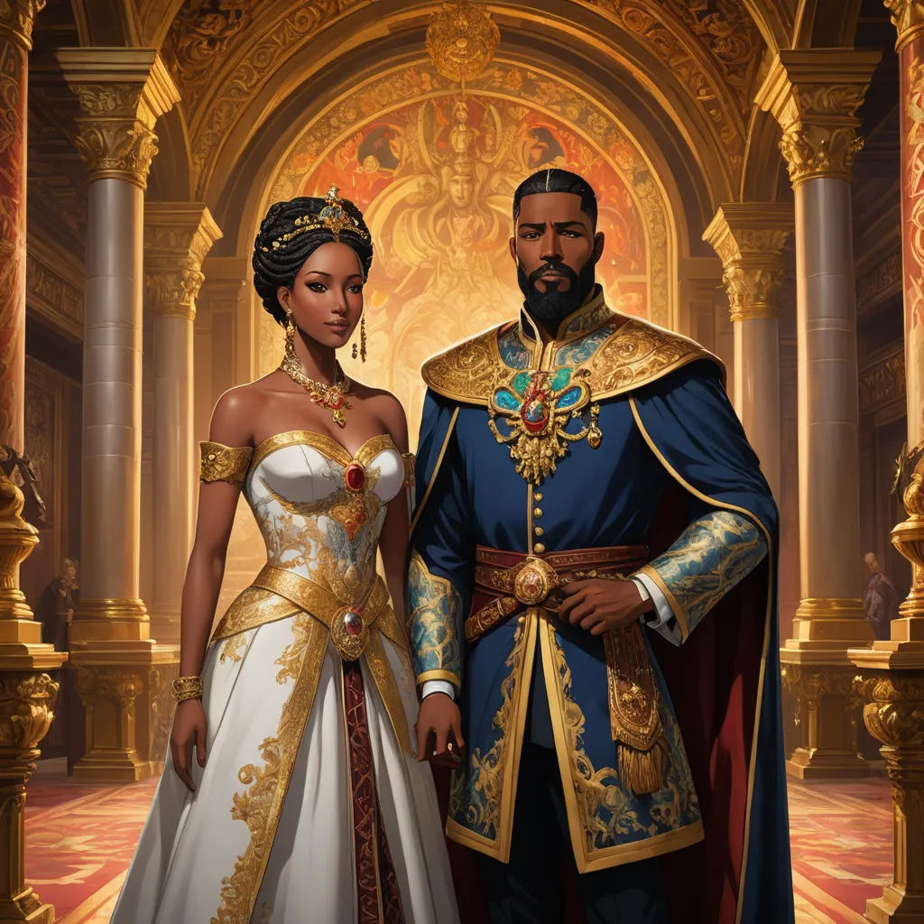 a man and woman dressed in renaissance clothing standing next to each other in a palace setting with columns and arches, afrofuturism, concept art, Chinwe Chukwuogo-Roy, mars ravelo and greg rutkowski