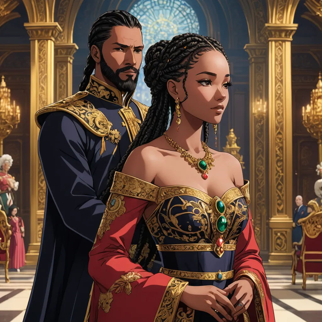 a man and woman in renaissance dress standing next to each other in a palace setting with gold trimmings, afrofuturism, concept art, Cedric Seaut (Keos Masons), official art