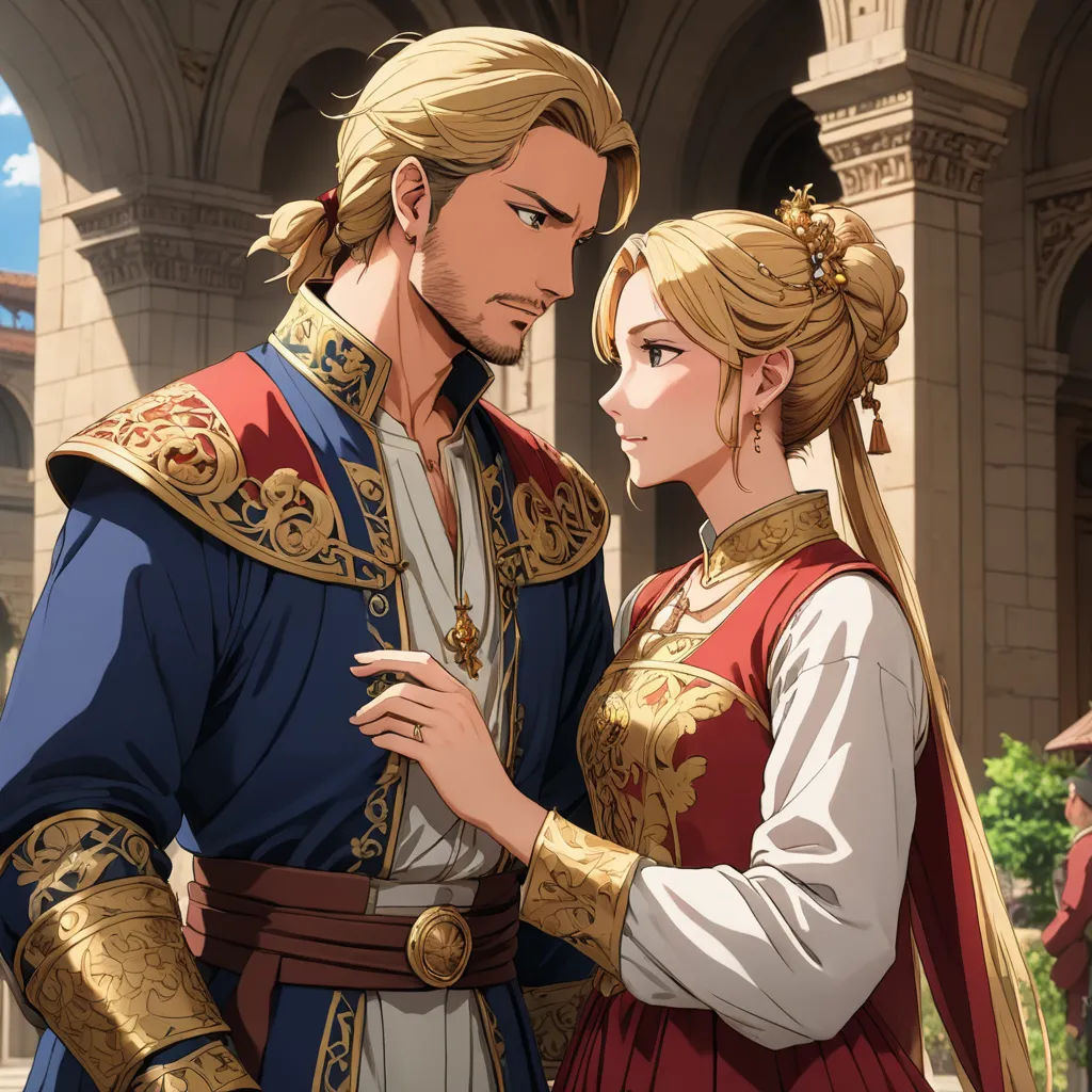 a man and a woman in medieval costumes standing next to each other in front of a building with arches, romanticism, a detailed painting, Andor Basch, official art