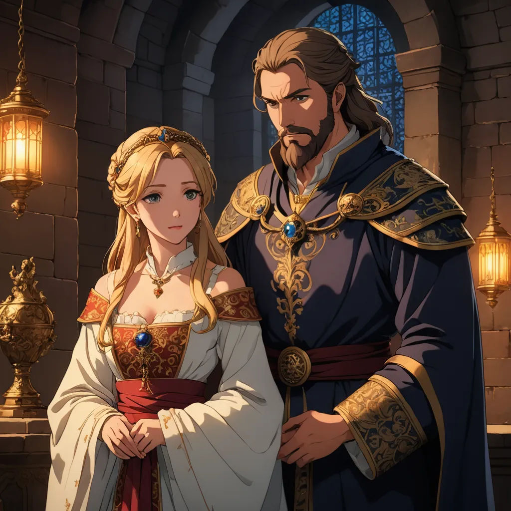 a man and a woman dressed in medieval clothing standing next to each other in a castle like setting with lanterns, sots art, a detailed painting, Anne Said, official art