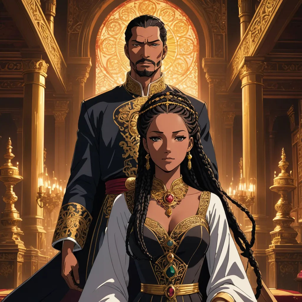 a man and woman in ancient costumes standing in a palace setting with a golden door behind them and a golden arch, afrofuturism, concept art, Altoon Sultan, official art