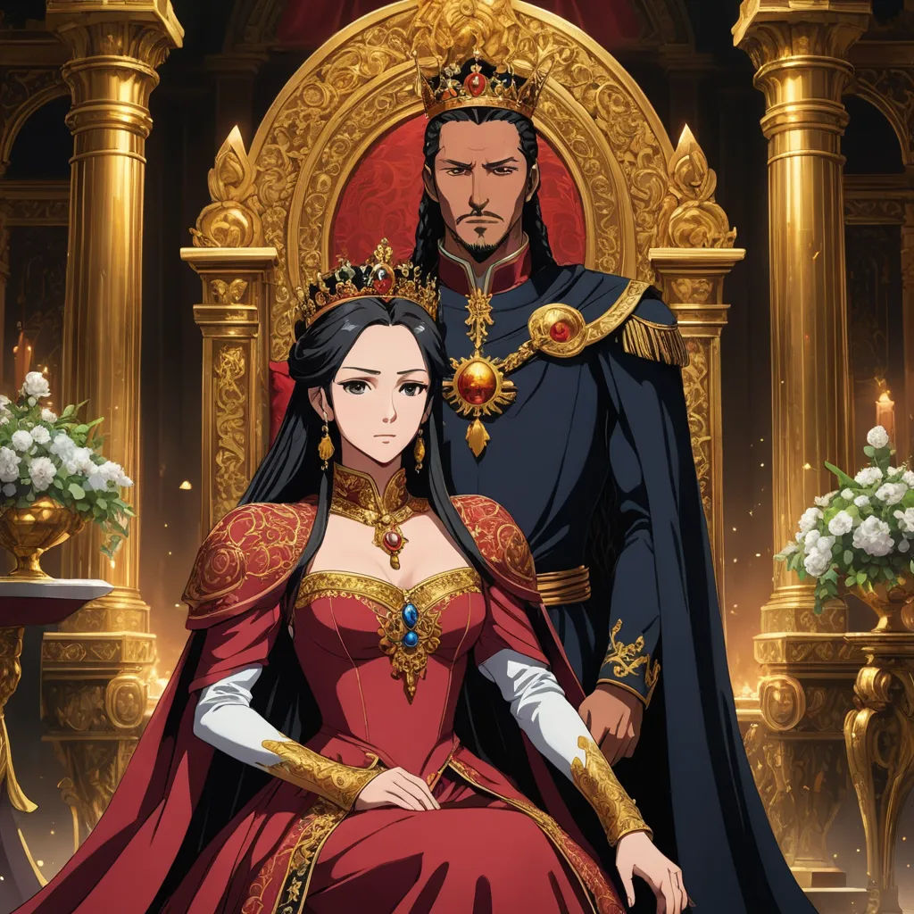 a man and woman dressed in medieval clothing sitting on a throne with flowers in the background and a gold throne behind them, sots art, concept art, Altoon Sultan, official art