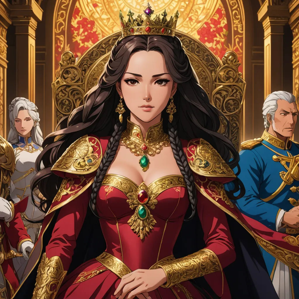 a woman in a red dress standing next to a man in a blue suit and a man in a gold suit, sots art, a detailed drawing, Charles Le Brun, official art