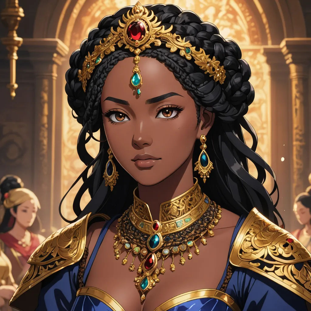 a woman in a blue dress with a gold necklace and a red jeweled necklace on her neck and a gold chain around her neck, fantasy art, a character portrait, Charlie Bowater, fantasy character portrait