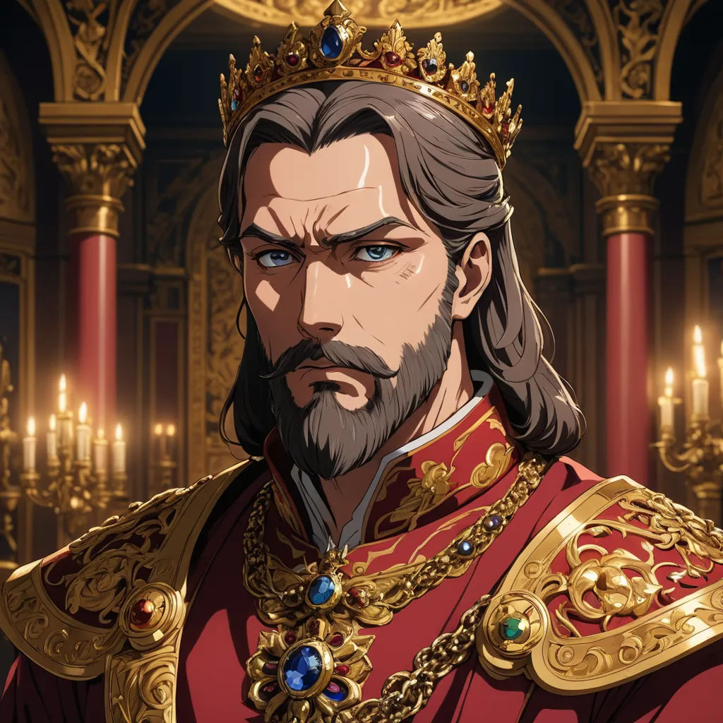 a man in a red suit with a crown on his head and a golden crown on his head, in a golden room, sots art, a character portrait, Altoon Sultan, official art