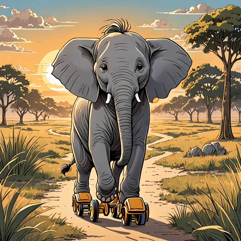 an elephant is walking down a path with a cart on it's back and trees in the background, fantastic realism, a storybook illustration, Amédée Ozenfant, promotional image