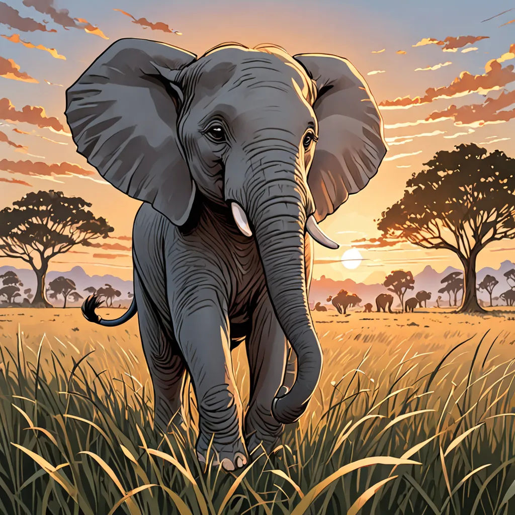 a painting of an elephant walking through a field of grass at sunset with trees in the background and a sky with clouds, sumatraism, a comic book panel, Amédée Ozenfant, official art
