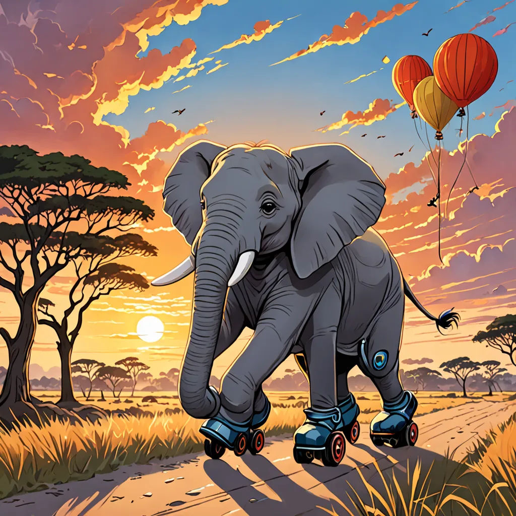a painting of an elephant riding on roller skates in the sunset with balloons flying above it and a path leading to a tree, pop surrealism, a storybook illustration, Chris LaBrooy, highly detailed digital art