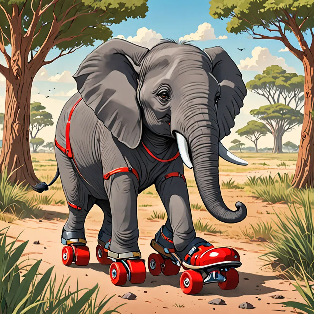 a cartoon elephant riding on a skateboard in the dirt near trees and grass, with a sky background, pop surrealism, a storybook illustration, Chris LaBrooy, highly detailed digital painting