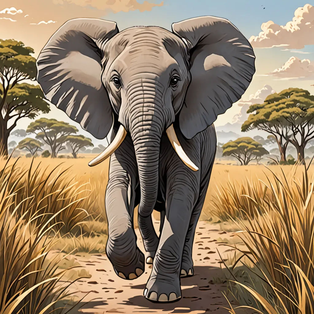 a painting of an elephant walking down a path in the wild with trees in the background and clouds in the sky, sumatraism, a comic book panel, Chris LaBrooy, highly detailed digital painting