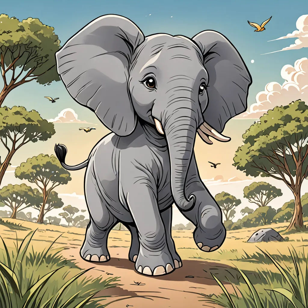 a cartoon elephant walking on a dirt path in a field with trees and a bird flying overhead in the sky, sumatraism, a storybook illustration, Amédée Ozenfant, high detail illustration