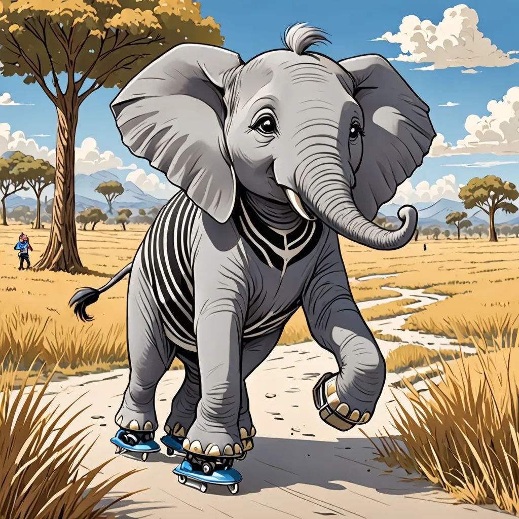 a cartoon elephant riding a skateboard down a path in a field with trees and a person in the background, pop surrealism, a storybook illustration, Chris LaBrooy, extreme illustration