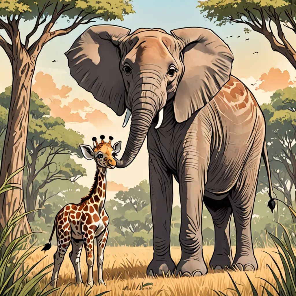 a giraffe and an elephant standing in a field with trees and bushes in the background, with a sky background, naturalism, a storybook illustration, Chris LaBrooy, storybook illustration
