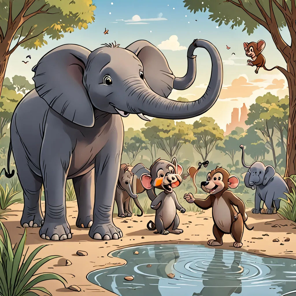 a group of animals standing around a pond of water with a monkey and a monkey on the other side, sumatraism, a storybook illustration, Chris LaBrooy, storybook illustration
