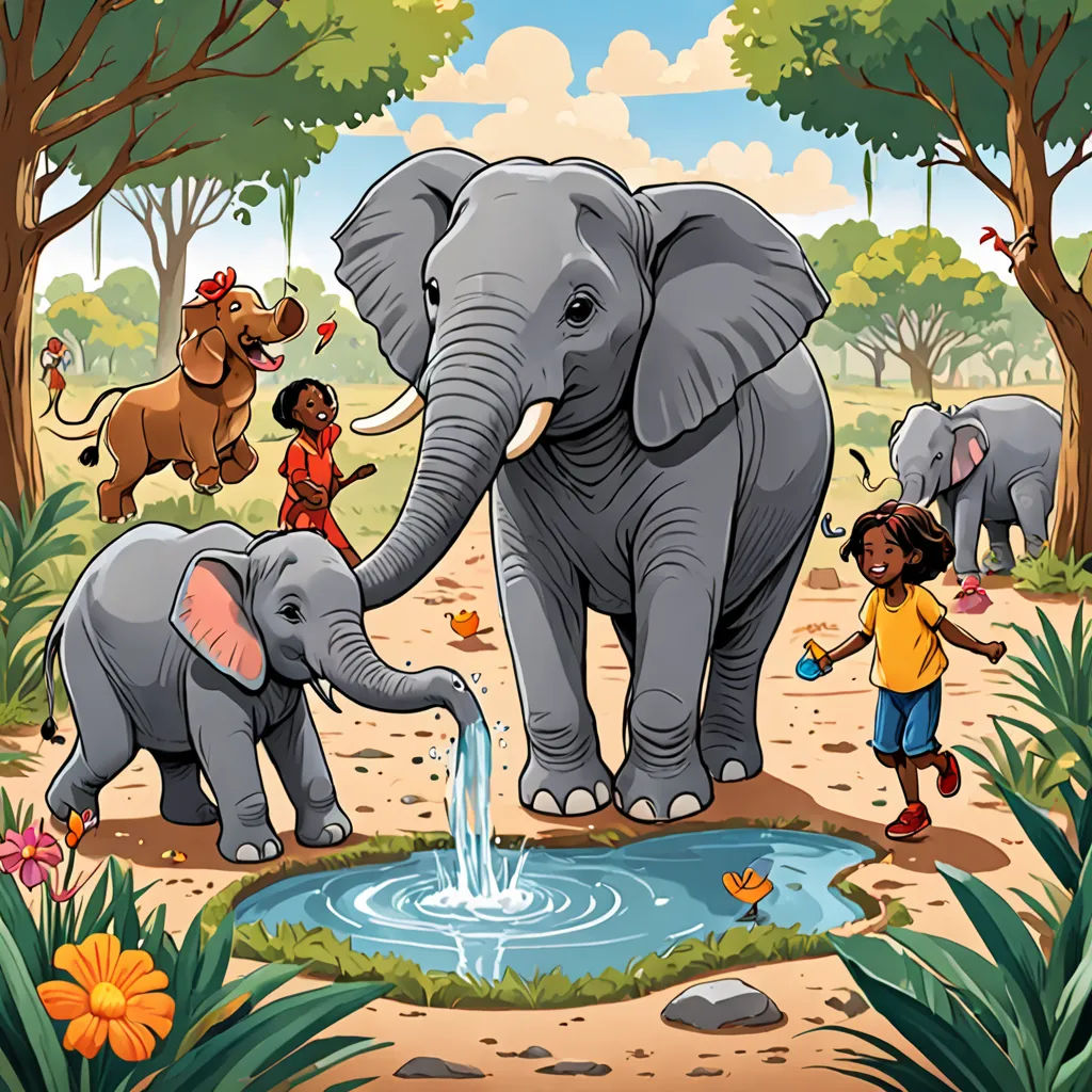 a group of elephants standing next to a small pond of water with people watching them from behind them and a forest with trees and flowers, naive art, a storybook illustration, Amédée Ozenfant, storybook illustration