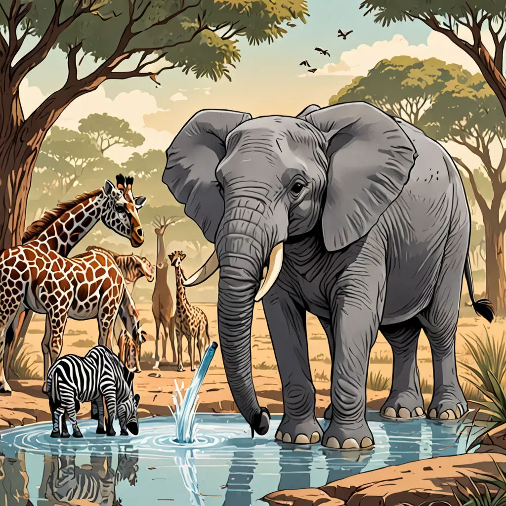 a group of animals that are standing in the dirt near water and trees with a zebra and giraffe, naturalism, a storybook illustration, Chris LaBrooy, detailed illustration