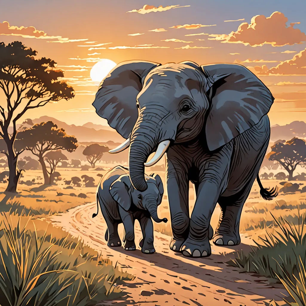 a mother elephant and her baby walking down a dirt road at sunset with trees in the background and a sun setting, fantastic realism, a storybook illustration, Dan Mumford, storybook illustration