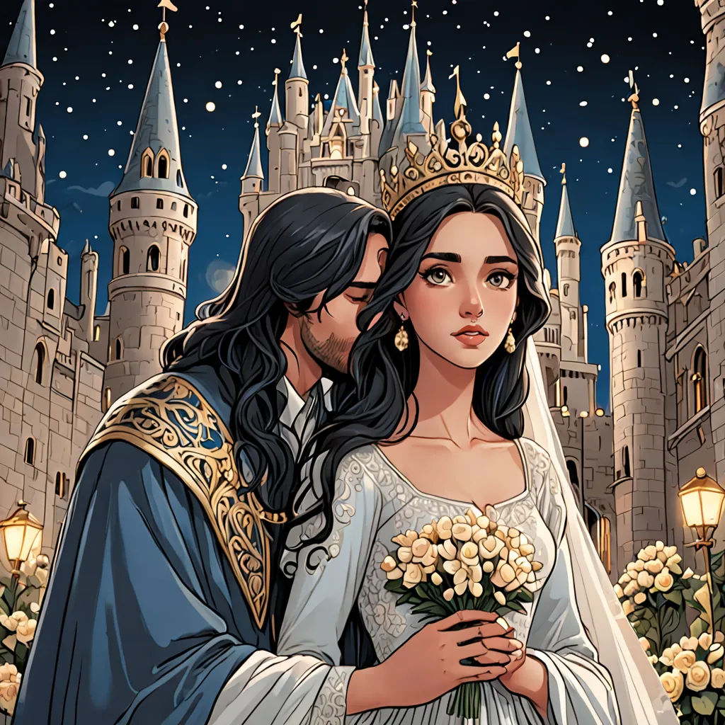 a man and woman in a wedding dress standing in front of a castle at night with a rose bouquet, fantasy art, a storybook illustration, Colin Middleton, comic cover art