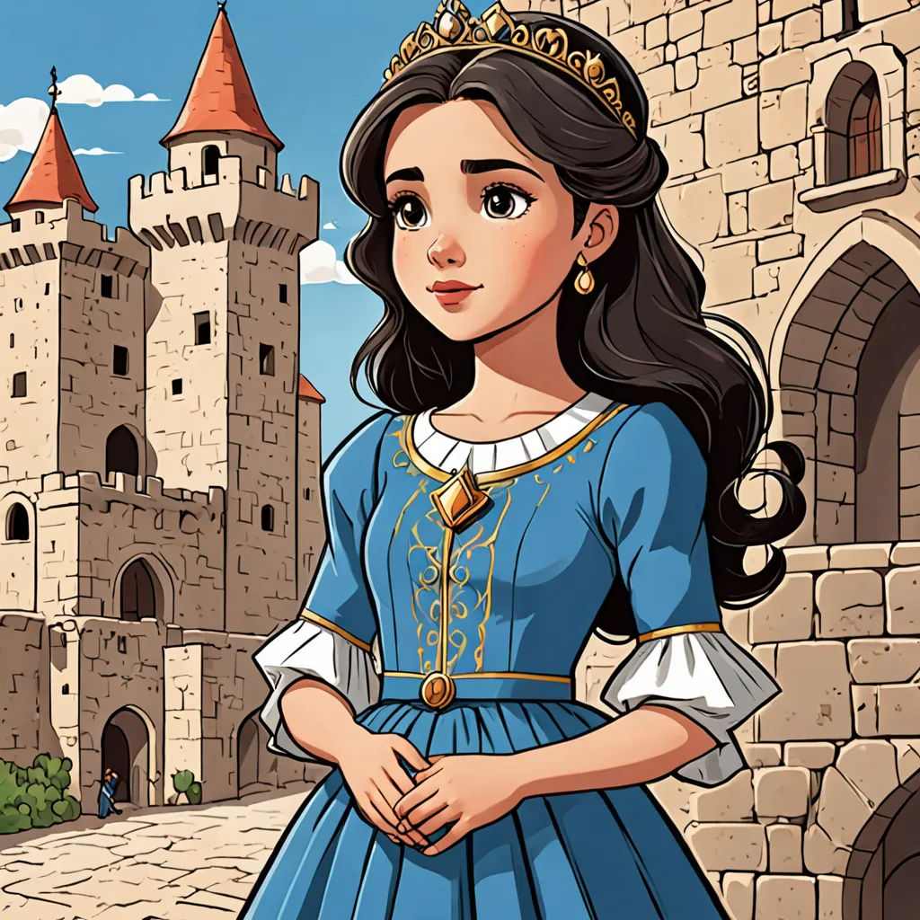 a cartoon of a woman in a blue dress standing in front of a castle with a castle in the background, sots art, a storybook illustration, Araceli Gilbert, 2 d game art