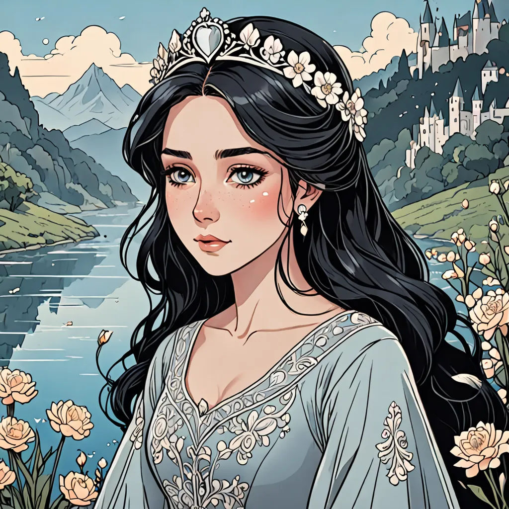 a woman with long hair wearing a tiara and a dress with flowers in front of a lake and castle, fantasy art, a character portrait, Charlie Bowater, fantasy illustration