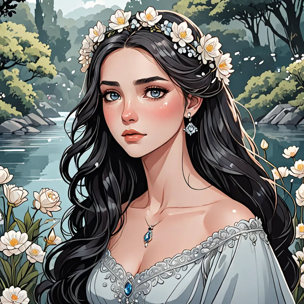 a woman with long hair wearing a tiara and a dress with flowers in her hair, standing in front of a river, fantasy art, a character portrait, Charlie Bowater, fantasy character portrait