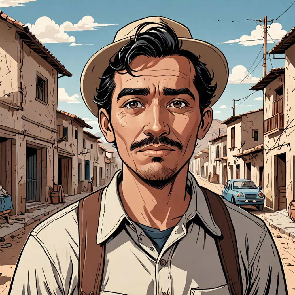 a man with a hat and backpack standing in front of a street with cars and buildings on it,, serial art, a character portrait, Diego Gisbert Llorens, character portrait