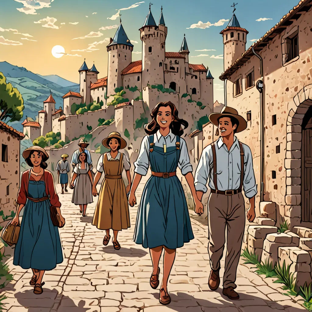 a cartoon of a man and woman walking down a street with a castle in the background and a man in a hat and a woman in a dress, les automatistes, a comic book panel, Brothers Hildebrandt, official art