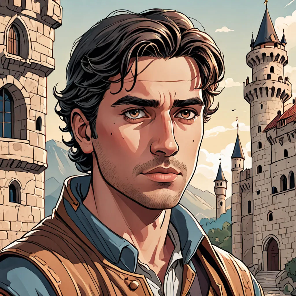 a man in a brown jacket standing in front of a castle with a clock tower on it's side, fantasy art, a character portrait, Cedric Seaut (Keos Masons), character portrait