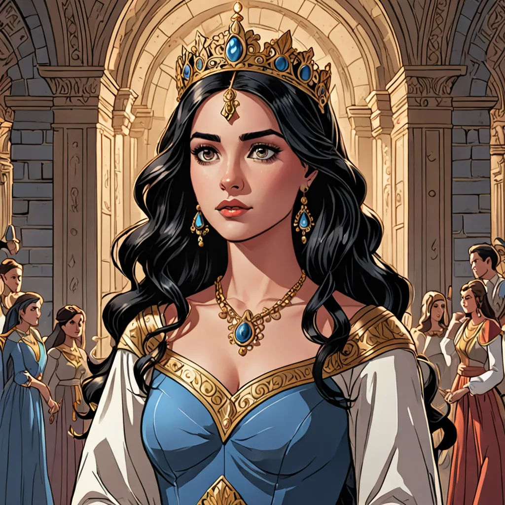 a woman in a blue dress with a crown on her head and a crowd of people behind her looking at her, fantasy art, a comic book panel, Altoon Sultan, comic cover art