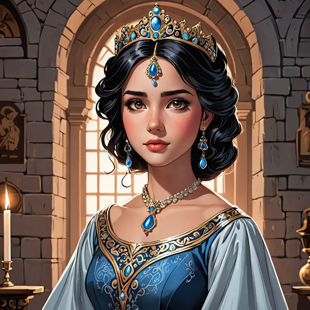 a woman in a blue dress with a tiara on her head and a candle in front of her, fantasy art, a detailed painting, Anne Stokes, beautiful detailed