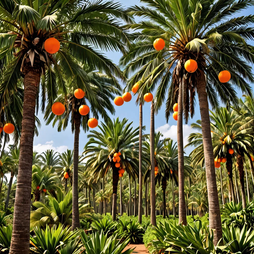 a grove of palm trees with oranges on them in a tropical setting with blue sky and clouds in the background, ecological art, a digital rendering, Florianne Becker, palm trees
