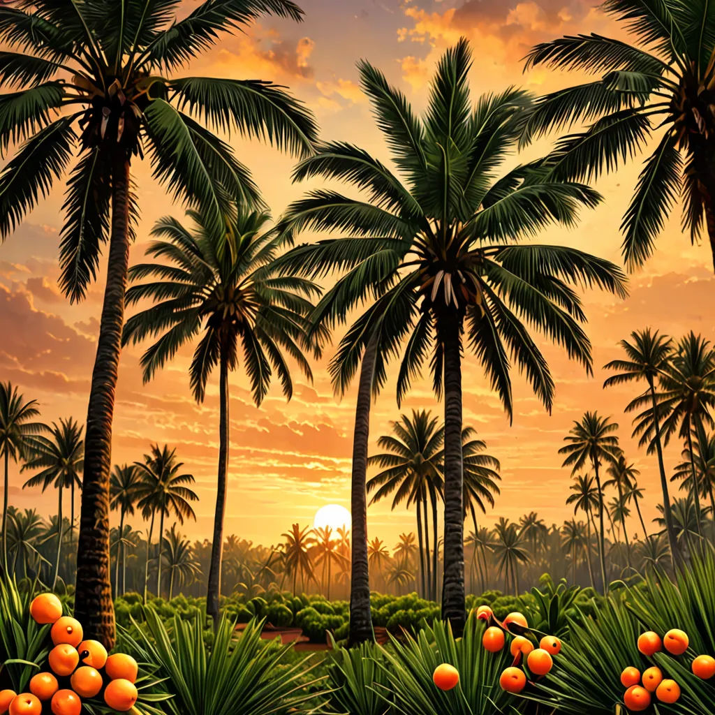 a painting of a tropical sunset with palm trees and oranges in the foreground and a sunset in the background, dau-al-set, a detailed matte painting, Fathi Hassan, palm trees