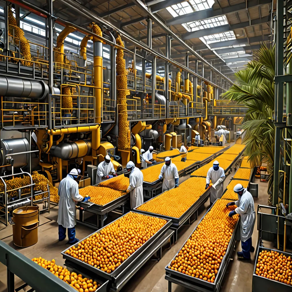 a factory filled with lots of oranges and workers working on them in a factory area with yellow machinery, precisionism, a stock photo, Andreas Gursky, orange